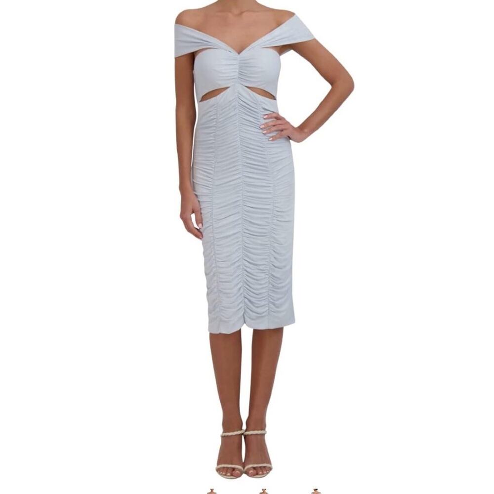New BCBGMAXAZRIA Women’s Dress Off The Shoulder Midi Cut Out Baby Blue Size L